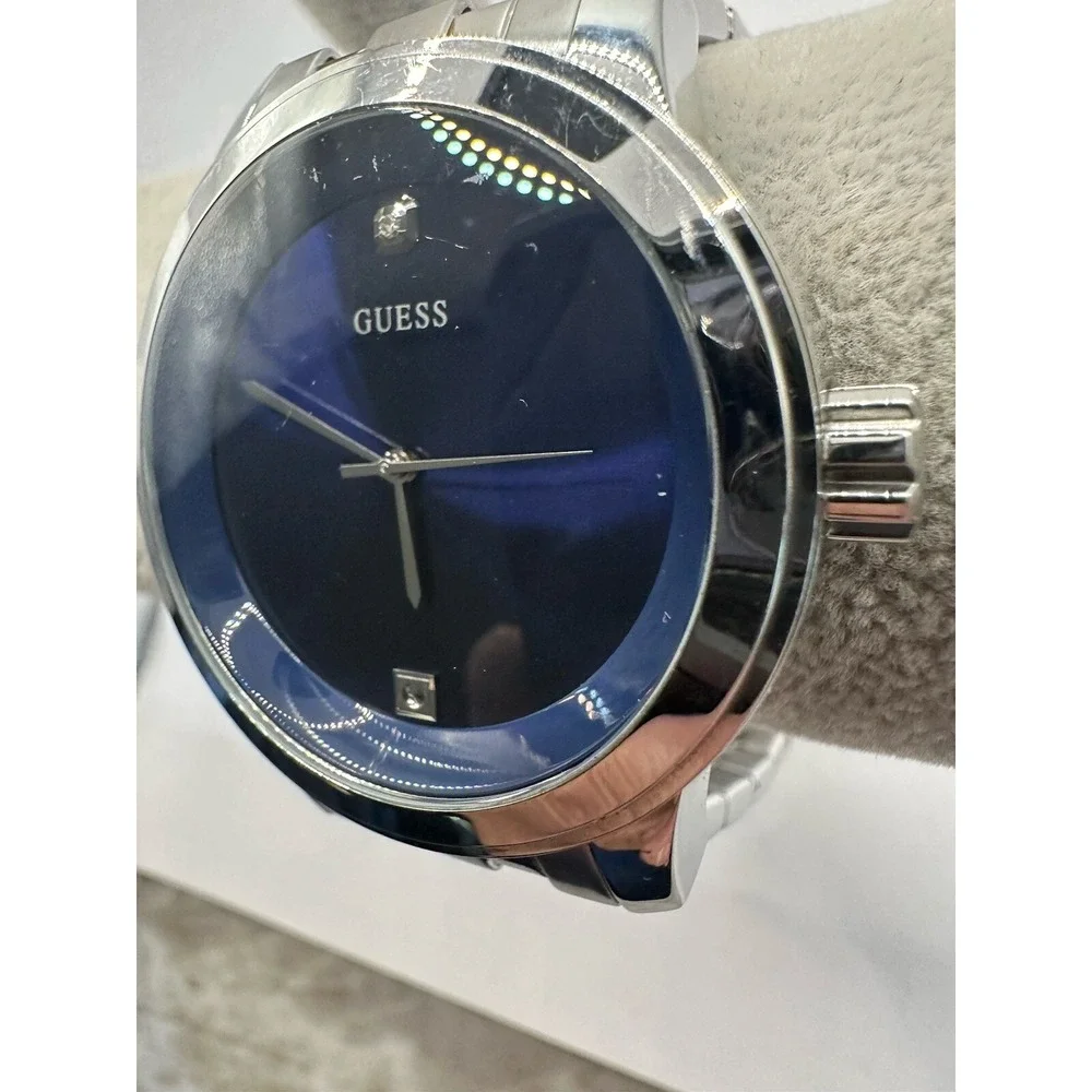Guess Steel Watch Men U11576G2 Silver Tone Round Blue Dial 44mm New Battery 7